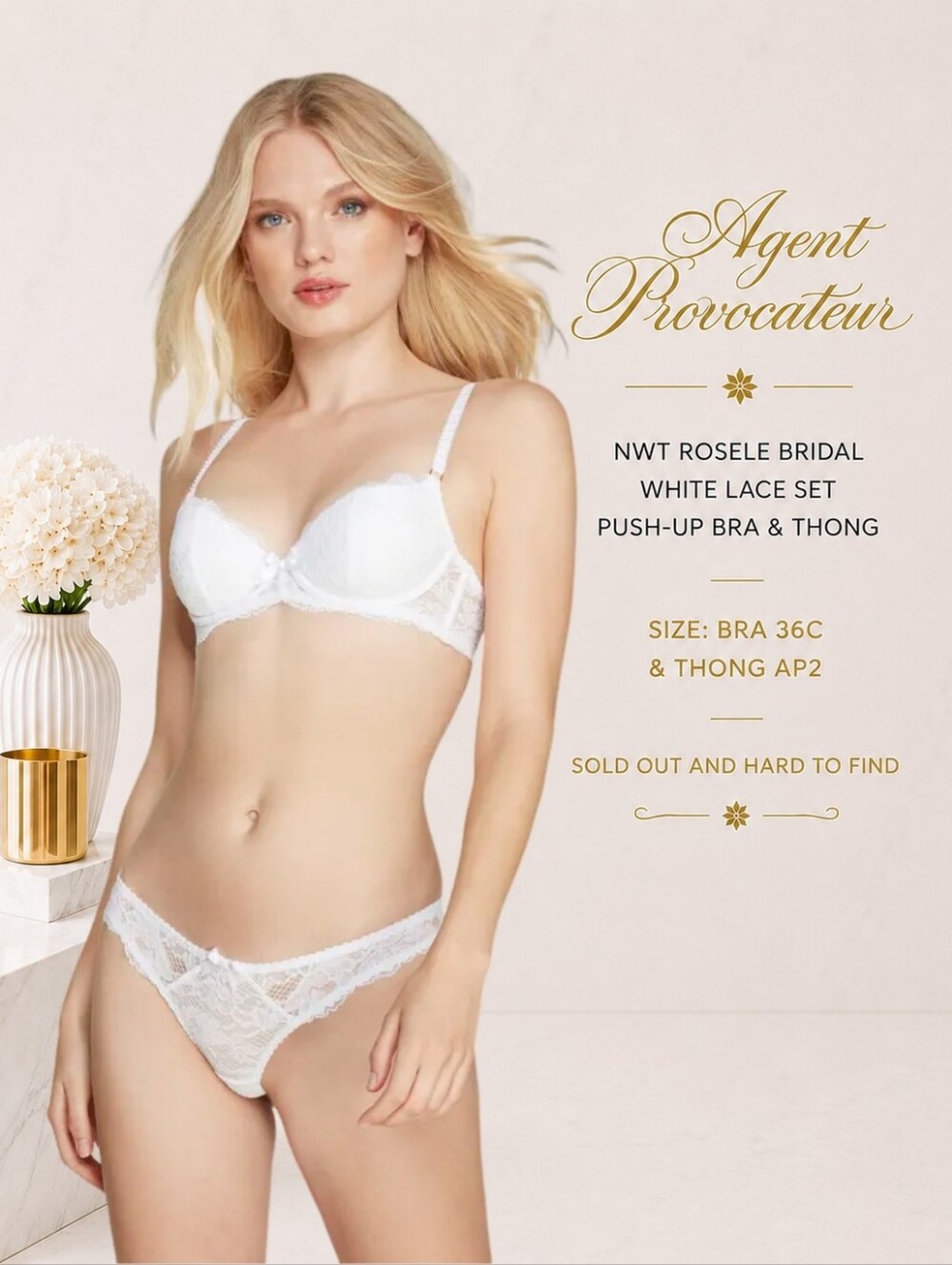 🤍NWT Agent Provocateur Rosele Bridal White Lace Set Push-Up Bra 36C + Thong AP2